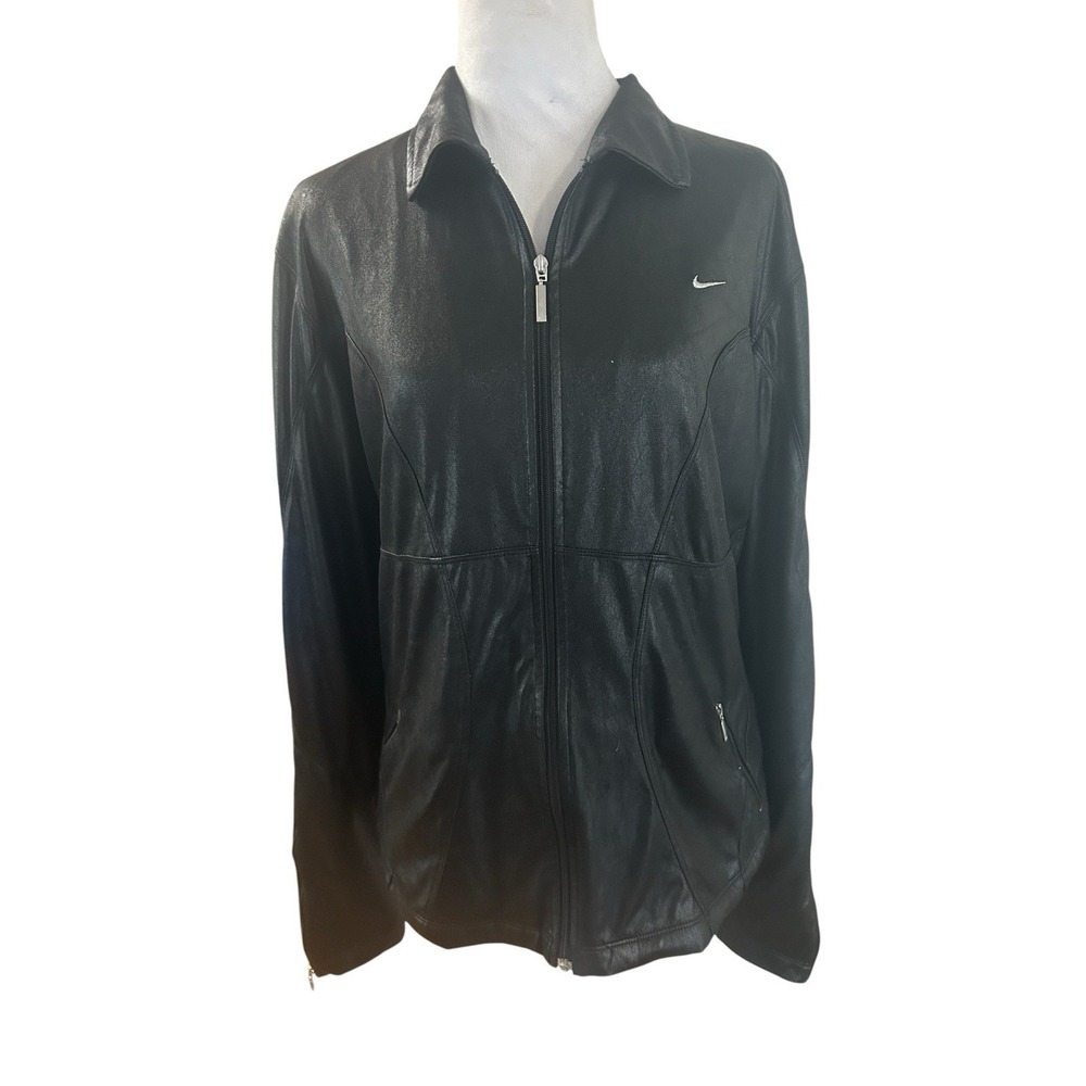 VTG Nike Silver Tag Faux Leather Coated Track Jacket Black Women's LT Large Y2K